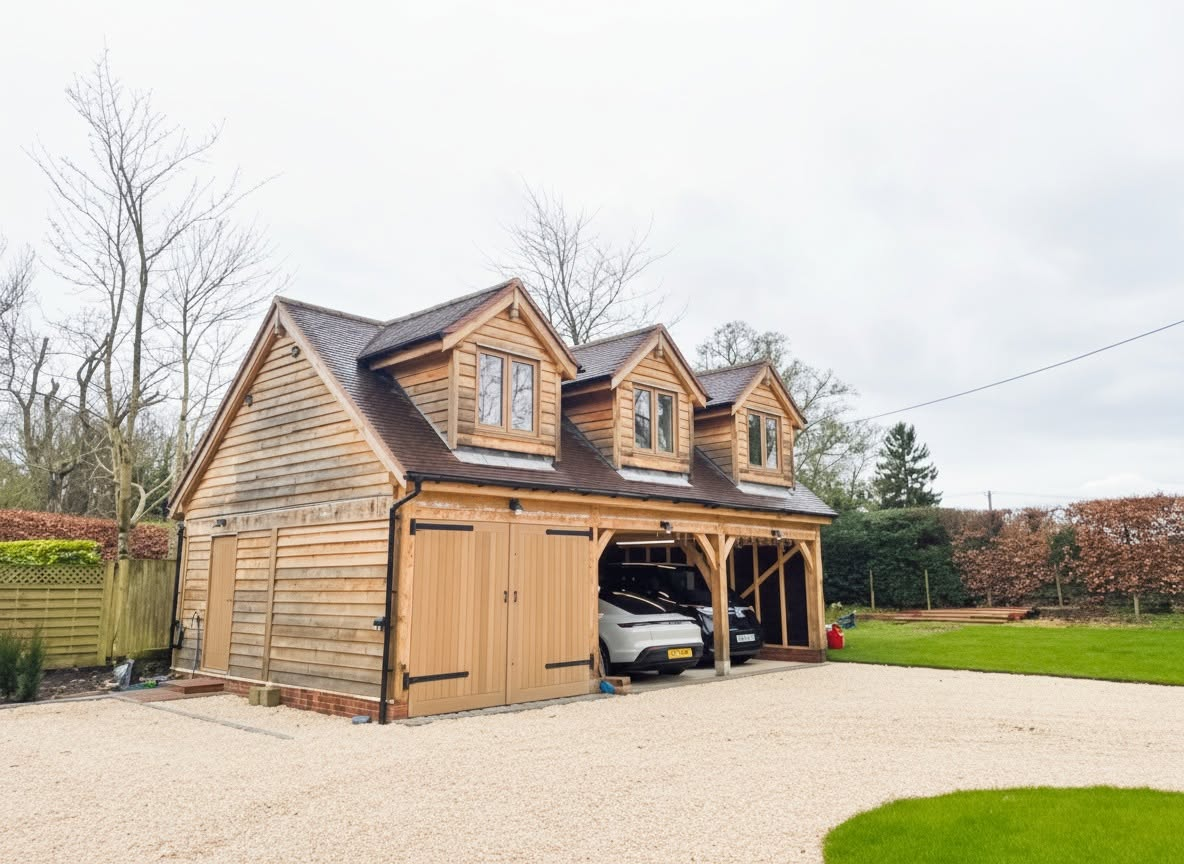 Oak-framed triple garage with dormer windows and a gravel driveway built by SMART Developments