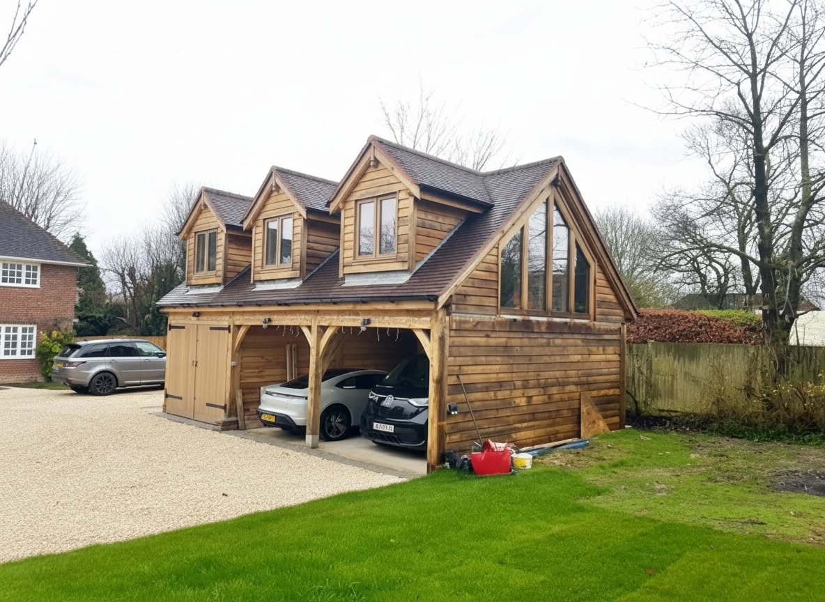 New build oak-framed cart barn garage with dormer windows and gable glazing