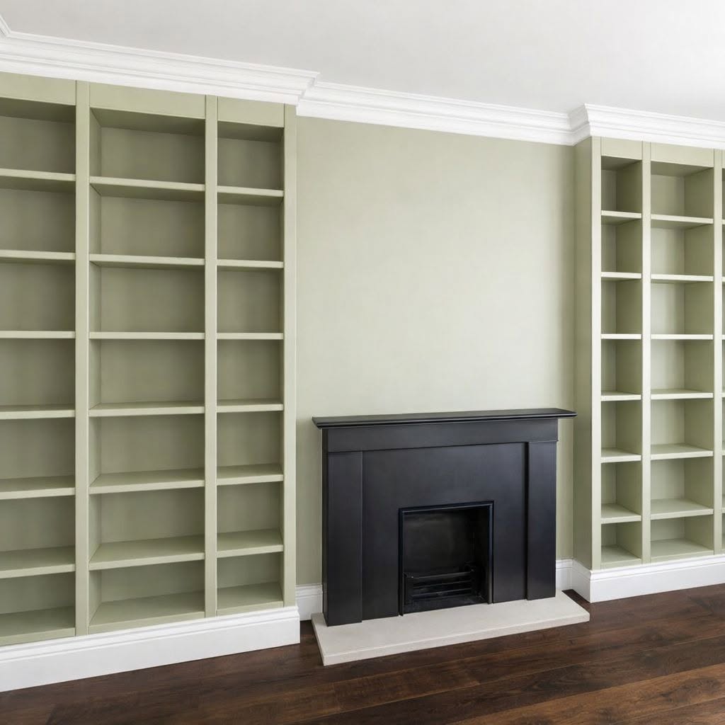 Symmetrical joinery: olive-green bookshelves flanking a black fireplace after refurbishment