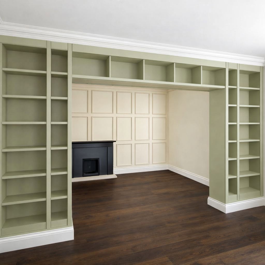 Built-in green shelving surrounding a fireplace in a refurbished reception room