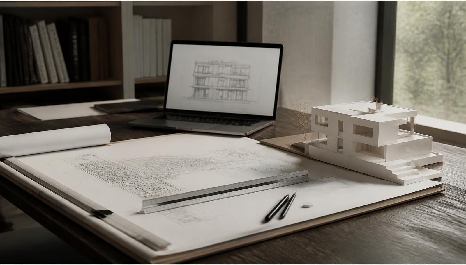 Architectural drawings, scale rule and a white card massing model on a studio drawing board